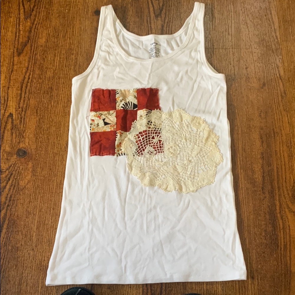 Upcycled White Tank Top with Patchwork Design & Vintage Doily | Cottagecore M